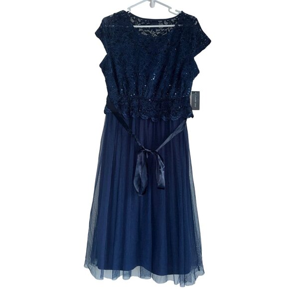 NWT Candalite Petite Womens Dress Sz PXL Navy Lace Sequins Chiffon Whimsigoth - Picture 1 of 8